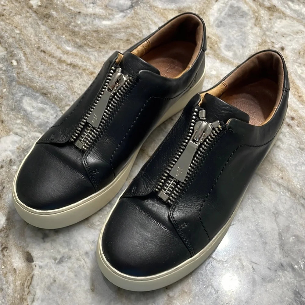 FRYE Lena Zip Up Platform Black Polished Soft Full Grain Leather Sneaker Size 7 - Picture 12 of 12